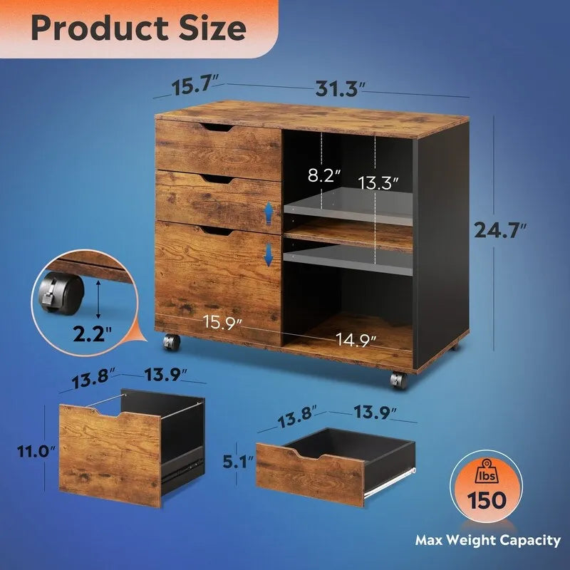 Wooden Filing Cabinet, Mobile Lateral Filing Cabinet