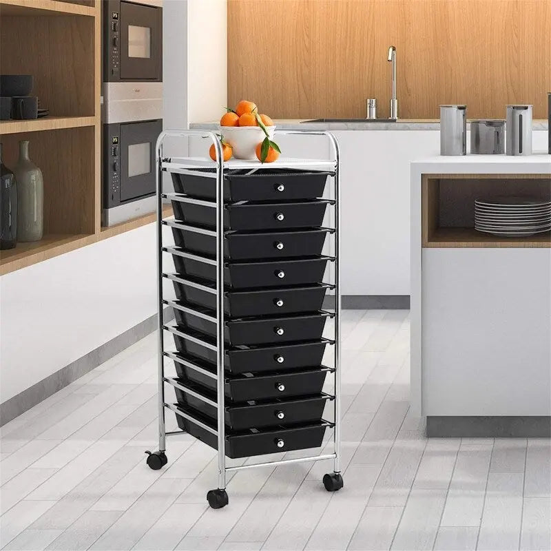 10-tier drawer-style mobile storage cart with locking casters and chrome-plated steel frame.