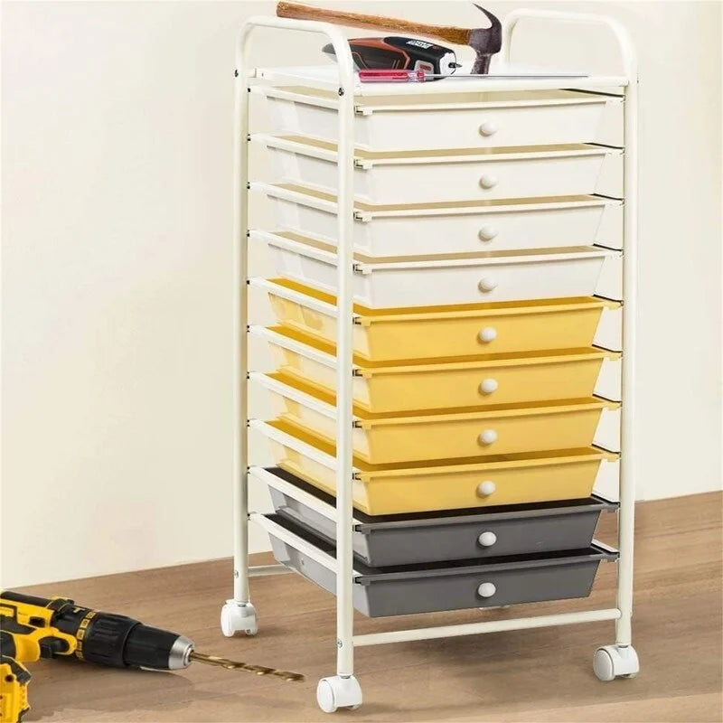 10-tier drawer-style mobile storage cart with locking casters and chrome-plated steel frame.