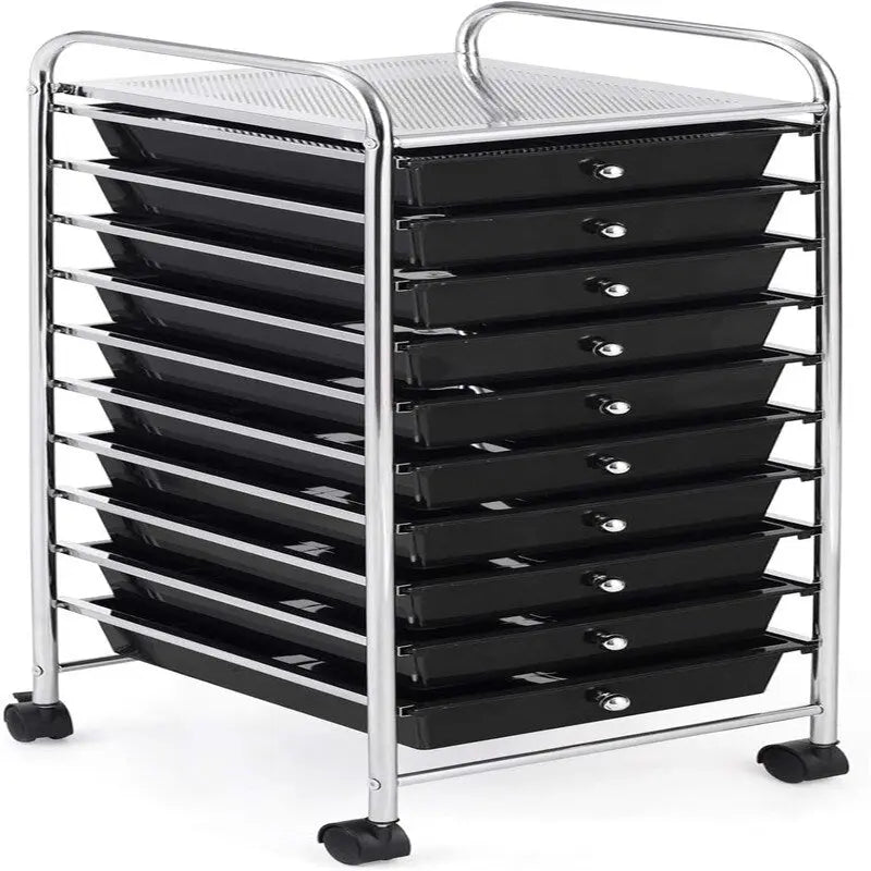 10-tier drawer-style mobile storage cart with locking casters and chrome-plated steel frame.
