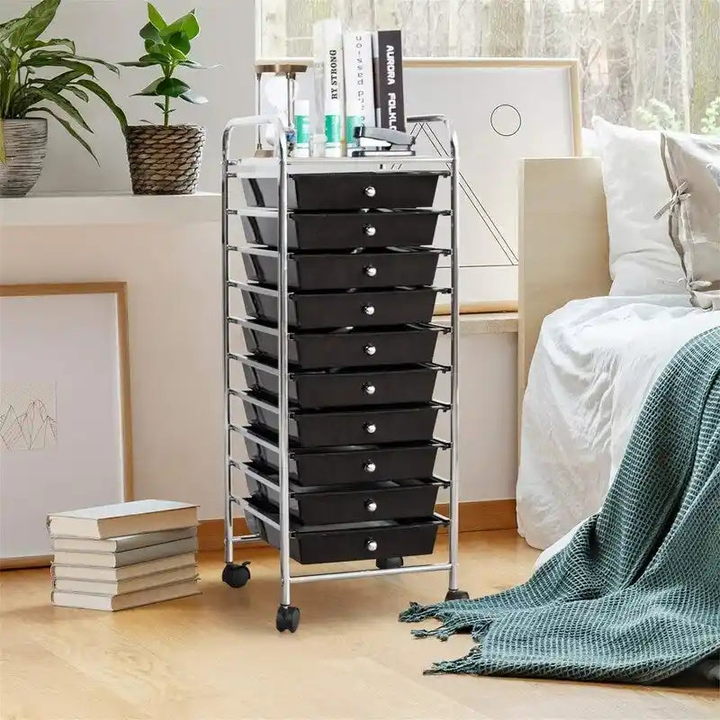 10-tier drawer-style mobile storage cart with locking casters and chrome-plated steel frame.