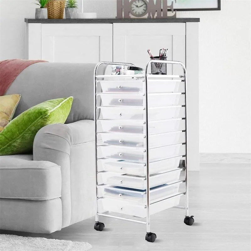 10-tier drawer-style mobile storage cart with locking casters and chrome-plated steel frame.