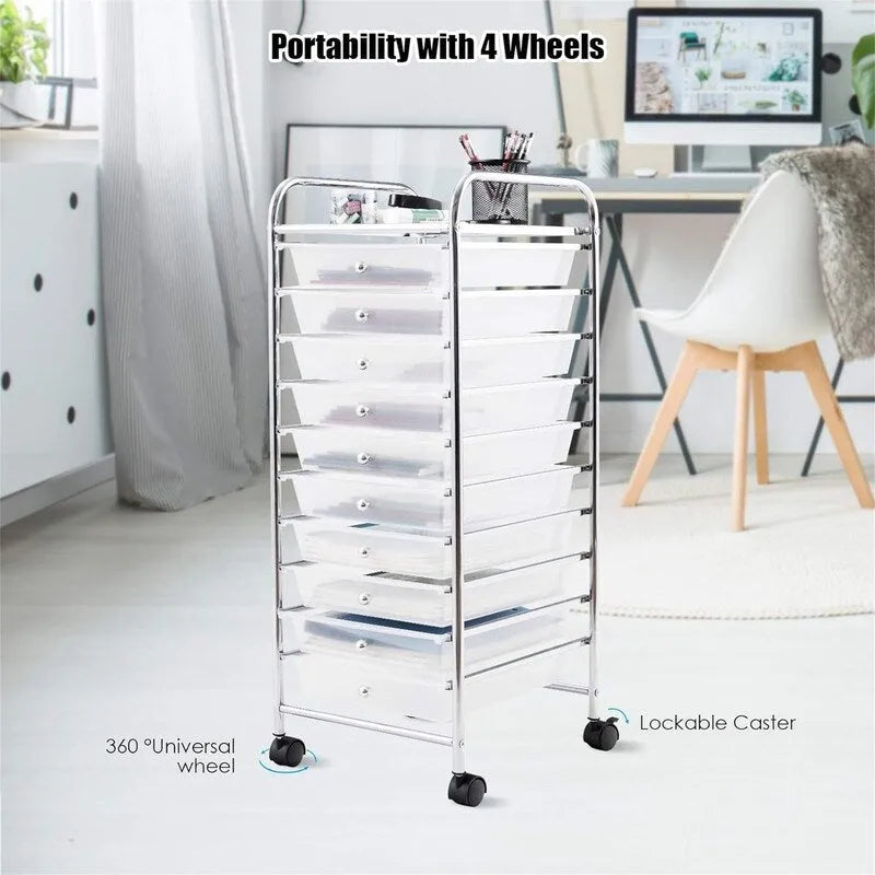 10-tier drawer-style mobile storage cart with locking casters and chrome-plated steel frame.