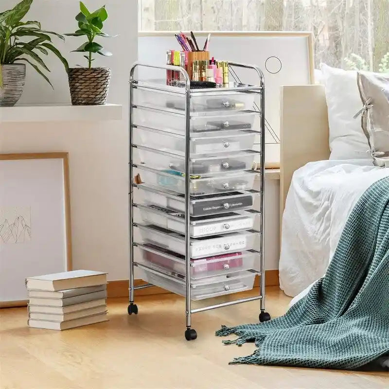 10-tier drawer-style mobile storage cart with locking casters and chrome-plated steel frame.