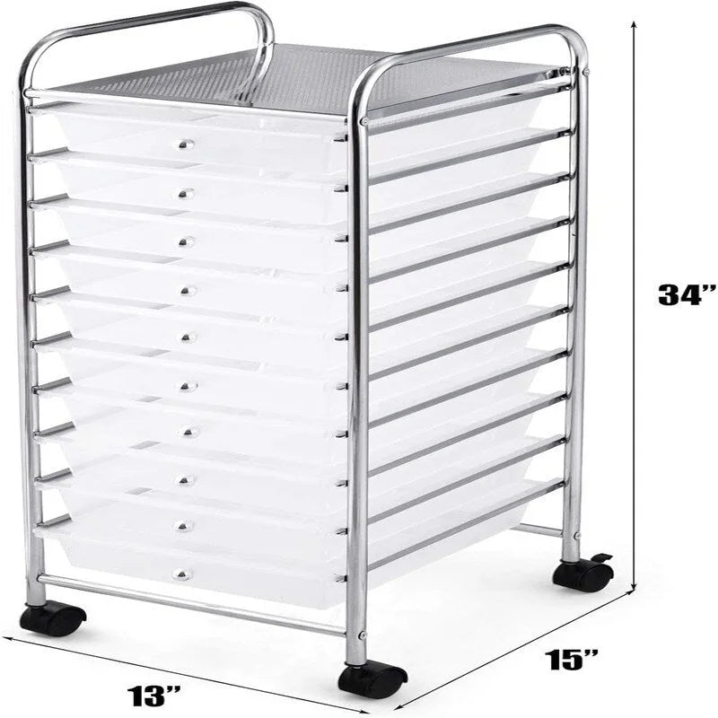 10-tier drawer-style mobile storage cart with locking casters and chrome-plated steel frame.