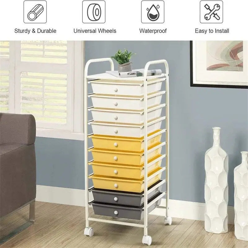 10-tier drawer-style mobile storage cart with locking casters and chrome-plated steel frame.