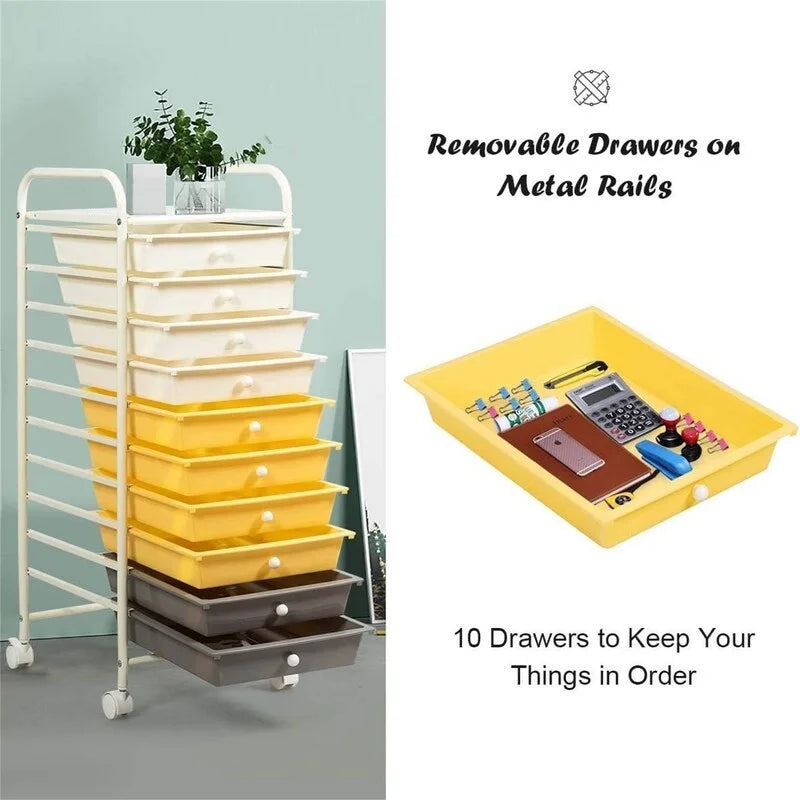 10-tier drawer-style mobile storage cart with locking casters and chrome-plated steel frame.