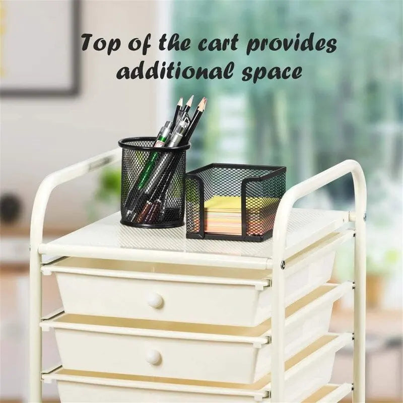 10-tier drawer-style mobile storage cart with locking casters and chrome-plated steel frame.