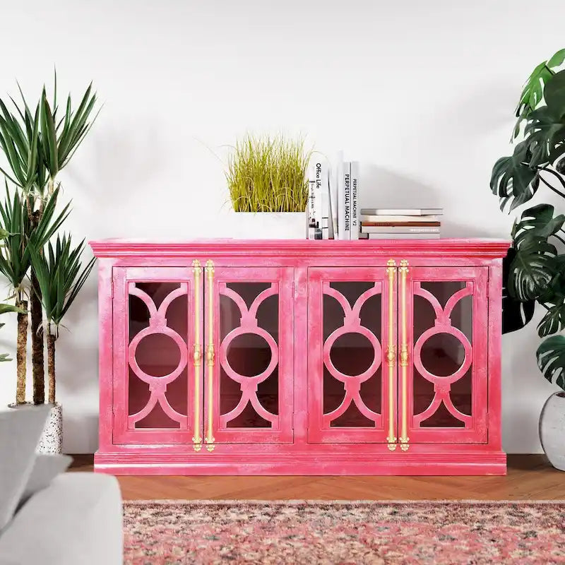 4-Door Sideboard, Red & Mint Green, Glass Doors, 71"