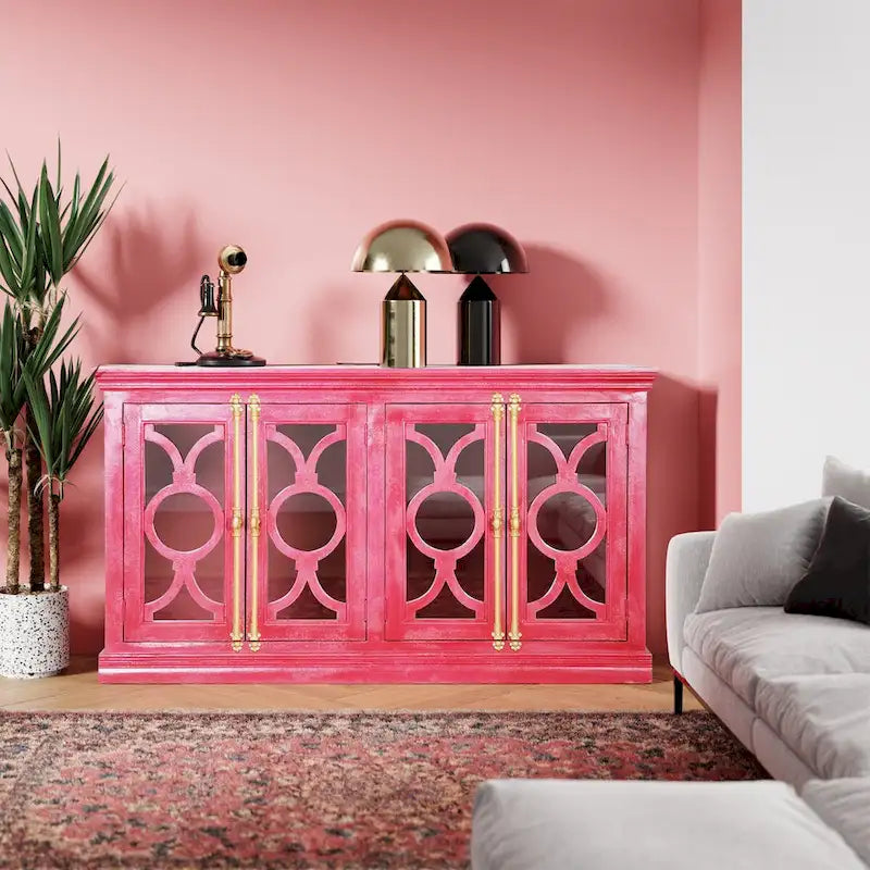 4-Door Sideboard, Red & Mint Green, Glass Doors, 71"