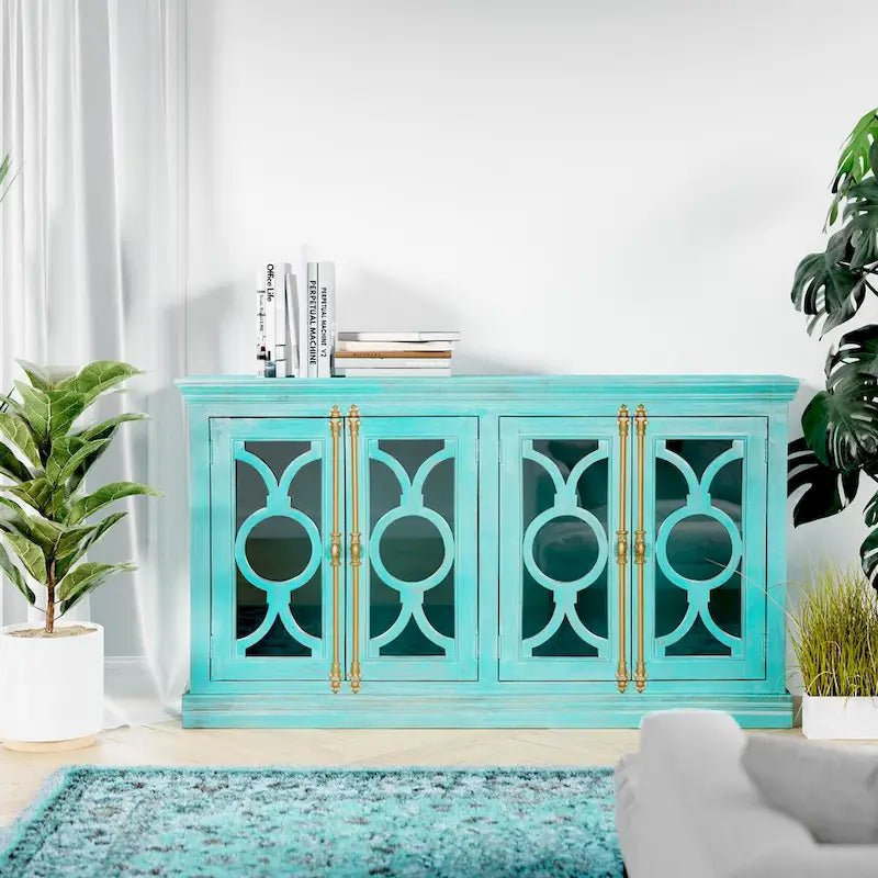 4-Door Sideboard, Red & Mint Green, Glass Doors, 71"