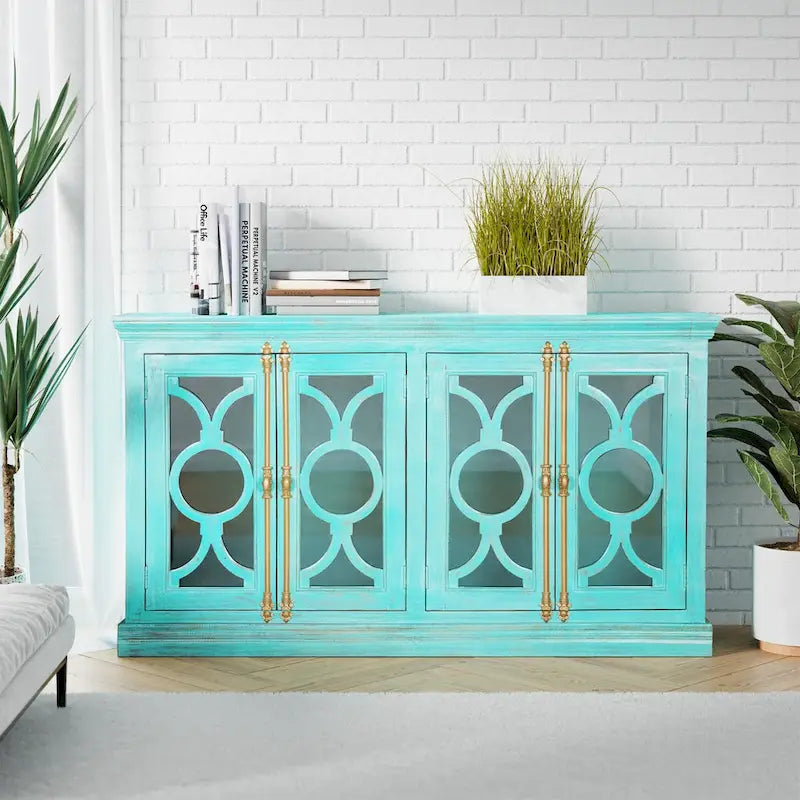 4-Door Sideboard, Red & Mint Green, Glass Doors, 71"
