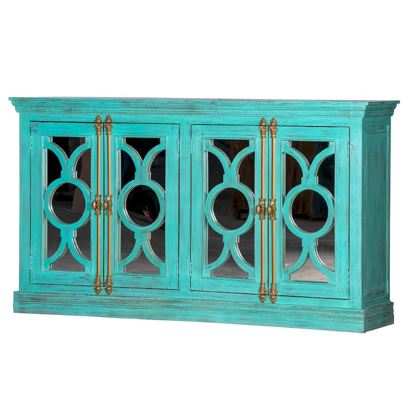 4-Door Sideboard, Red & Mint Green, Glass Doors, 71"