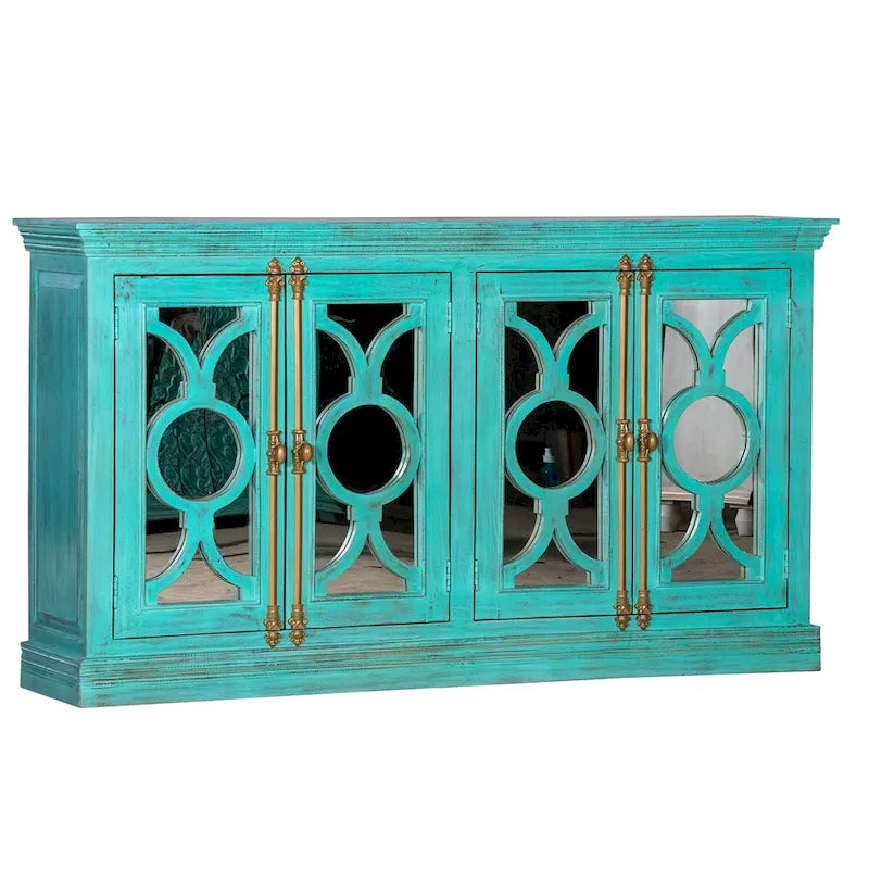 4-Door Sideboard, Red & Mint Green, Glass Doors, 71"