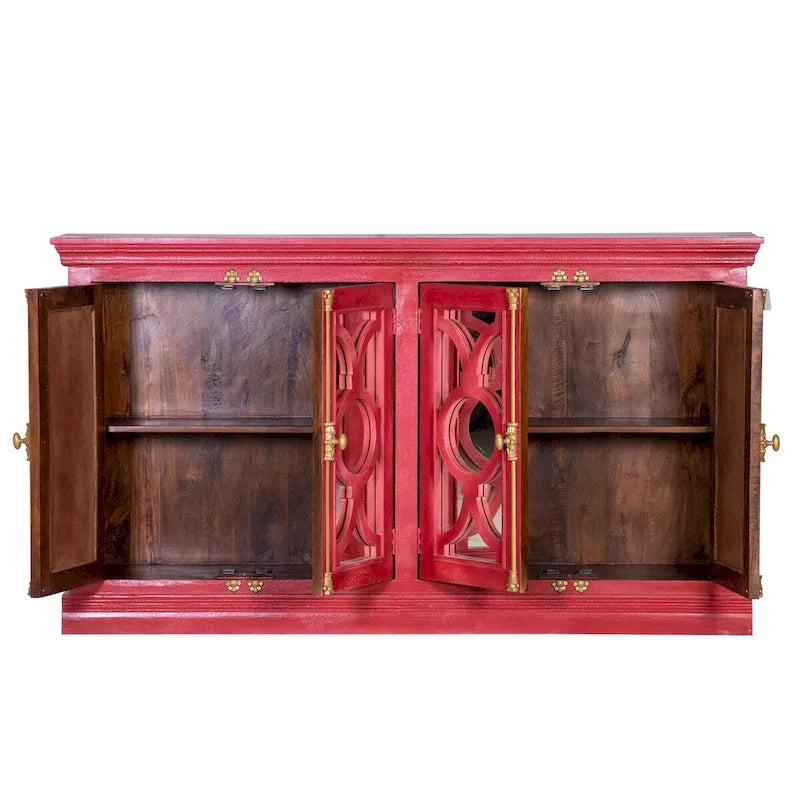 4-Door Sideboard, Red & Mint Green, Glass Doors, 71"