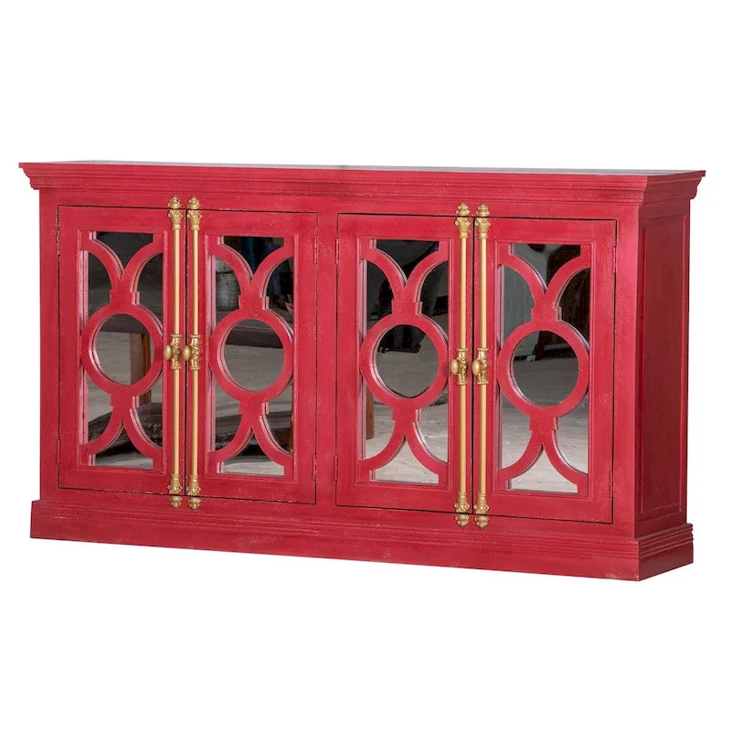 4-Door Sideboard, Red & Mint Green, Glass Doors, 71"