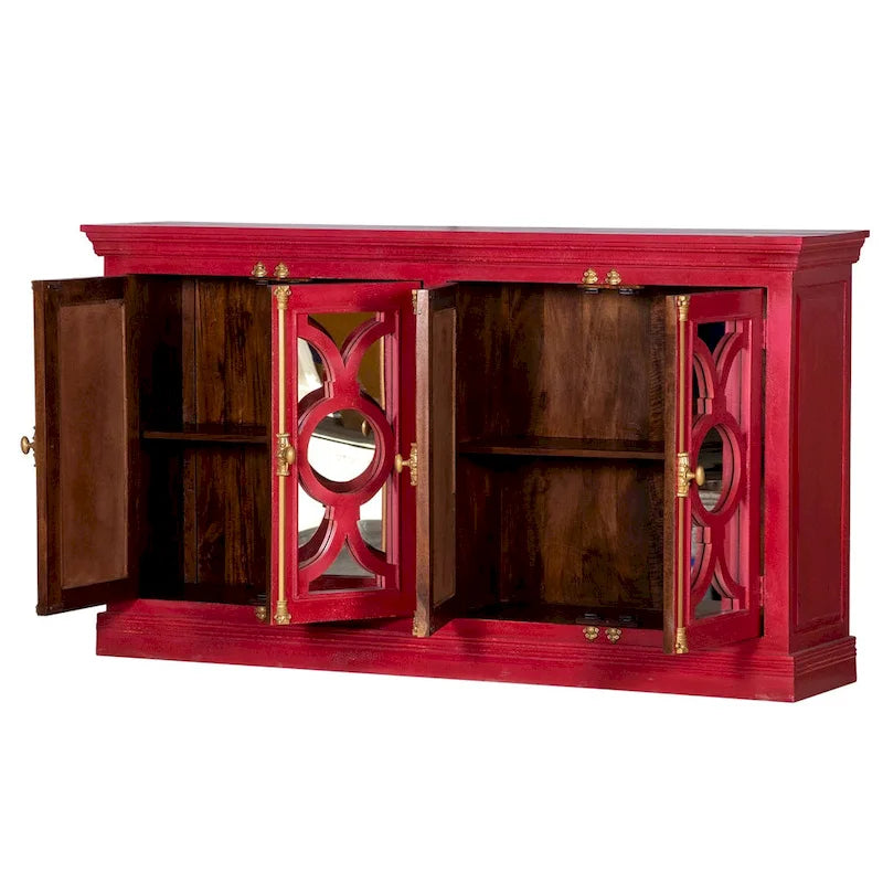 4-Door Sideboard, Red & Mint Green, Glass Doors, 71"