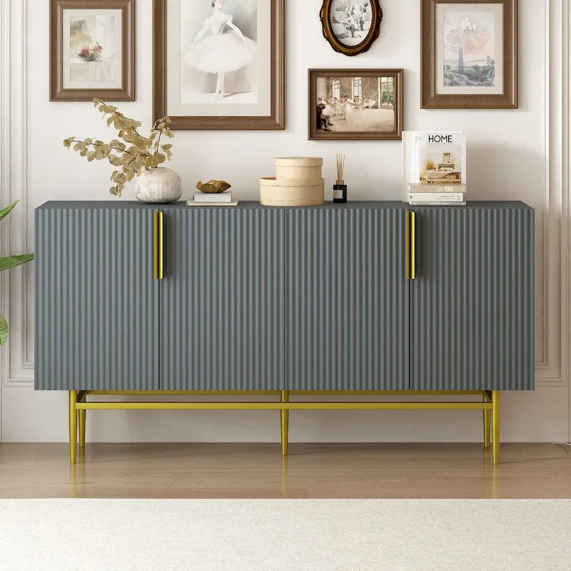A Modern And Elegant Four-Door Sideboard With Gold Metal Handles, Suitable For Use In The Dining Room, Living Room, Bedroom, And Hallway.