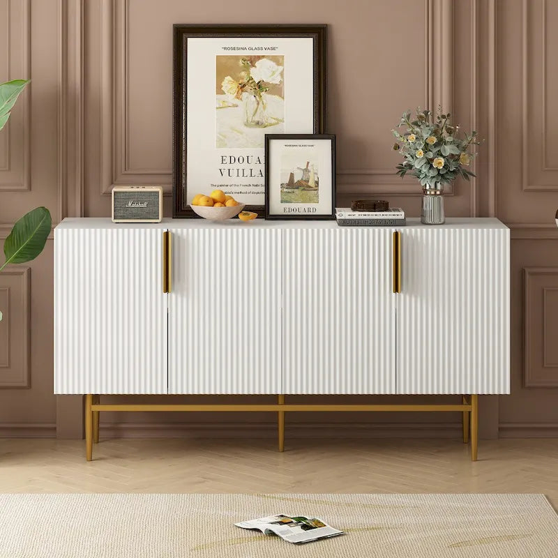 A Modern And Elegant Four-Door Sideboard With Gold Metal Handles, Suitable For Use In The Dining Room, Living Room, Bedroom, And Hallway.