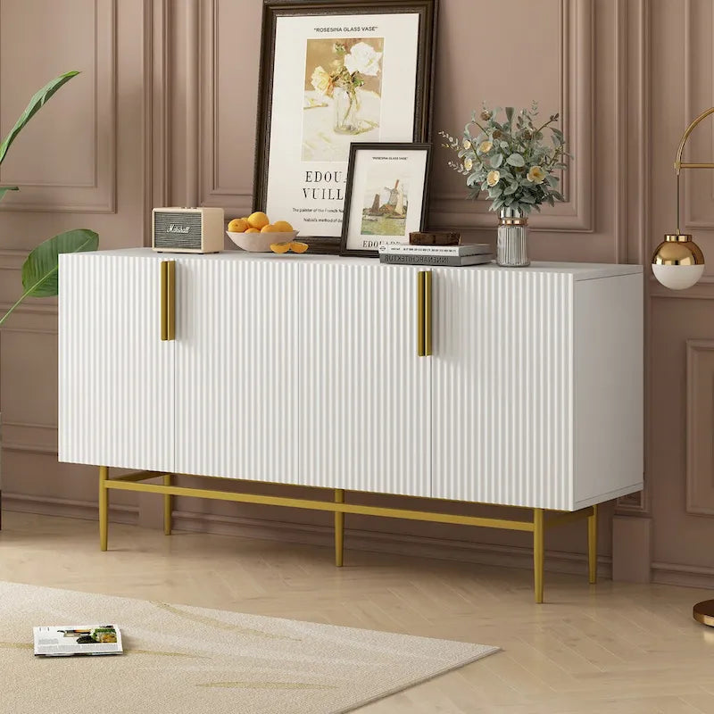 A Modern And Elegant Four-Door Sideboard With Gold Metal Handles, Suitable For Use In The Dining Room, Living Room, Bedroom, And Hallway.