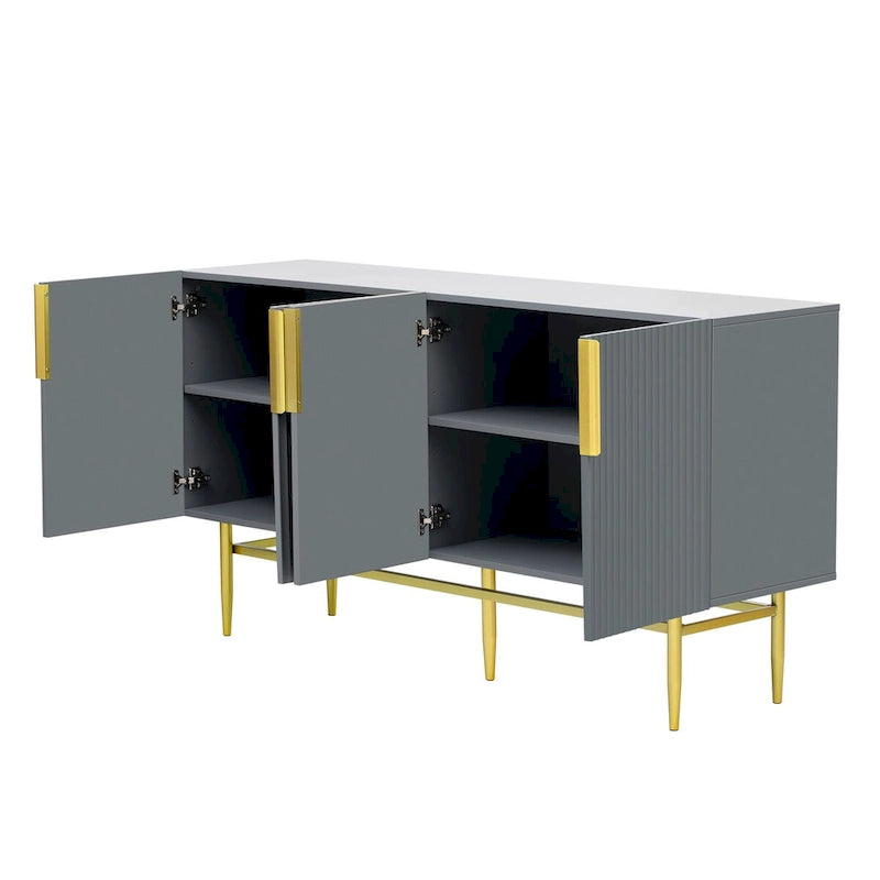 A Modern And Elegant Four-Door Sideboard With Gold Metal Handles, Suitable For Use In The Dining Room, Living Room, Bedroom, And Hallway.