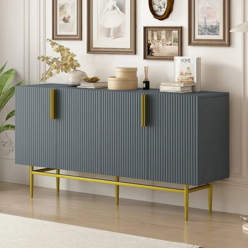 A Modern And Elegant Four-Door Sideboard With Gold Metal Handles, Suitable For Use In The Dining Room, Living Room, Bedroom, And Hallway.