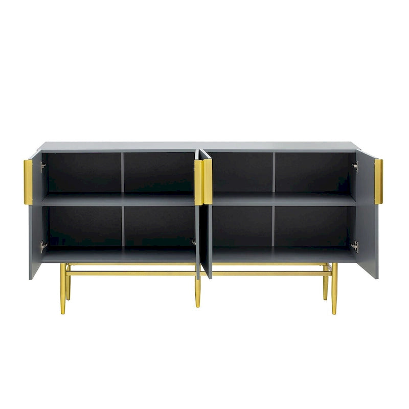A Modern And Elegant Four-Door Sideboard With Gold Metal Handles, Suitable For Use In The Dining Room, Living Room, Bedroom, And Hallway.