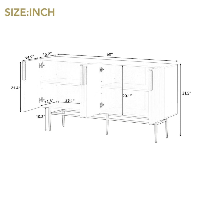 A Modern And Elegant Four-Door Sideboard With Gold Metal Handles, Suitable For Use In The Dining Room, Living Room, Bedroom, And Hallway.