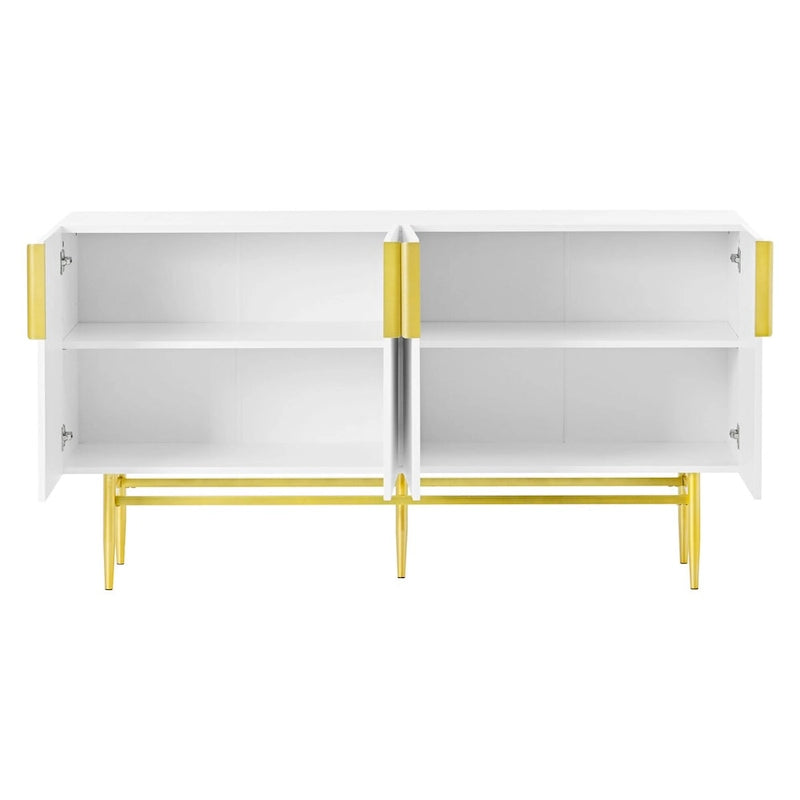 A Modern And Elegant Four-Door Sideboard With Gold Metal Handles, Suitable For Use In The Dining Room, Living Room, Bedroom, And Hallway.