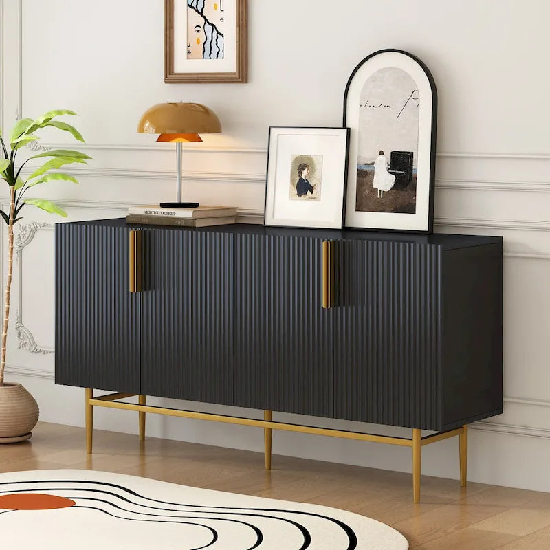 A Modern And Elegant Four-Door Sideboard With Gold Metal Handles, Suitable For Use In The Dining Room, Living Room, Bedroom, And Hallway.