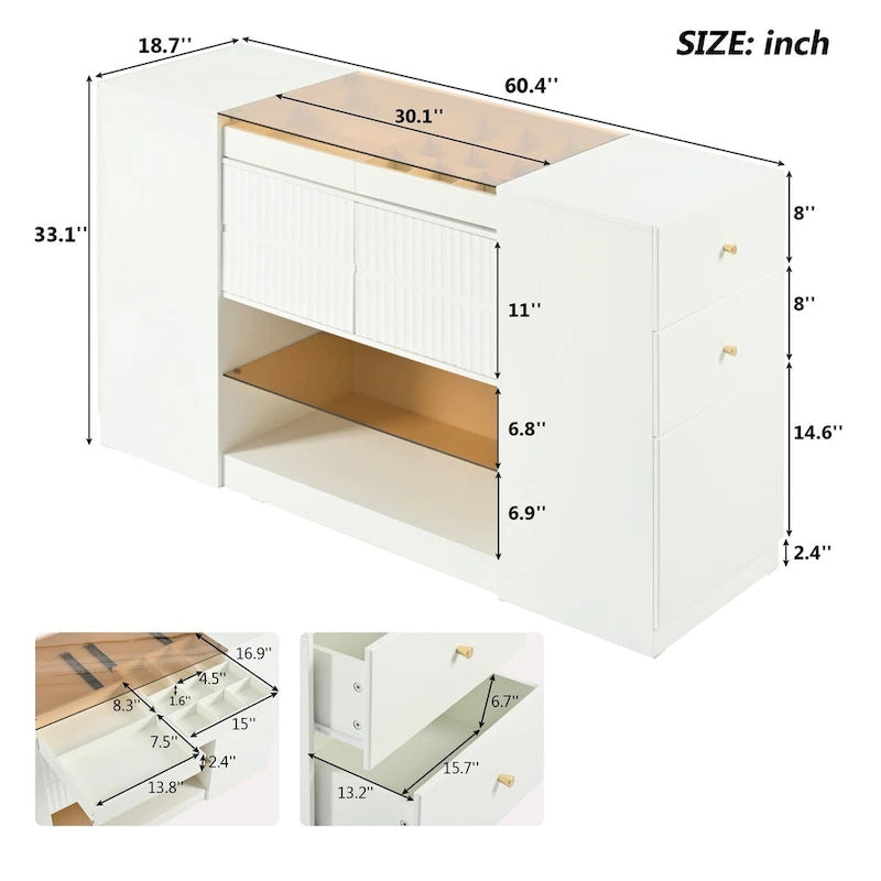 Multi-Functional Island Vanity Dresser and Storage Cabinet with Glass Tabletop, Display Shelf,6 Drawers
