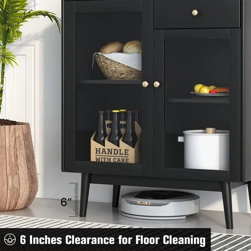 Mid-Century Modern Buffet Cabinet with Tempered Glass Doors, Adjustable Shelves & Solid Pine Legs, 31.5" Long