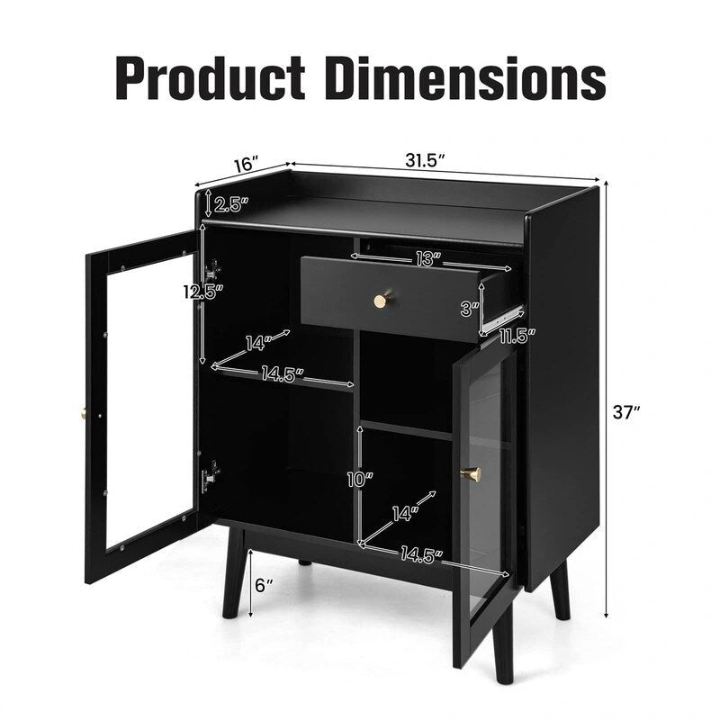Mid-Century Modern Buffet Cabinet with Tempered Glass Doors, Adjustable Shelves & Solid Pine Legs, 31.5" Long