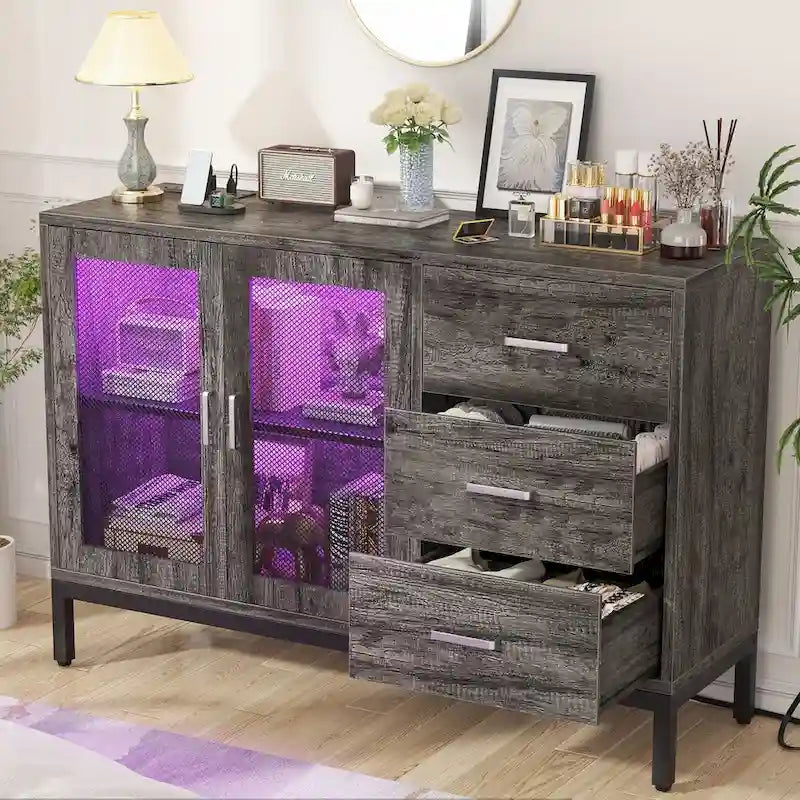 Sideboard Buffet Wood Storage Accent Bar Cabinet with Charge Station and LED Lights - 45.27  W