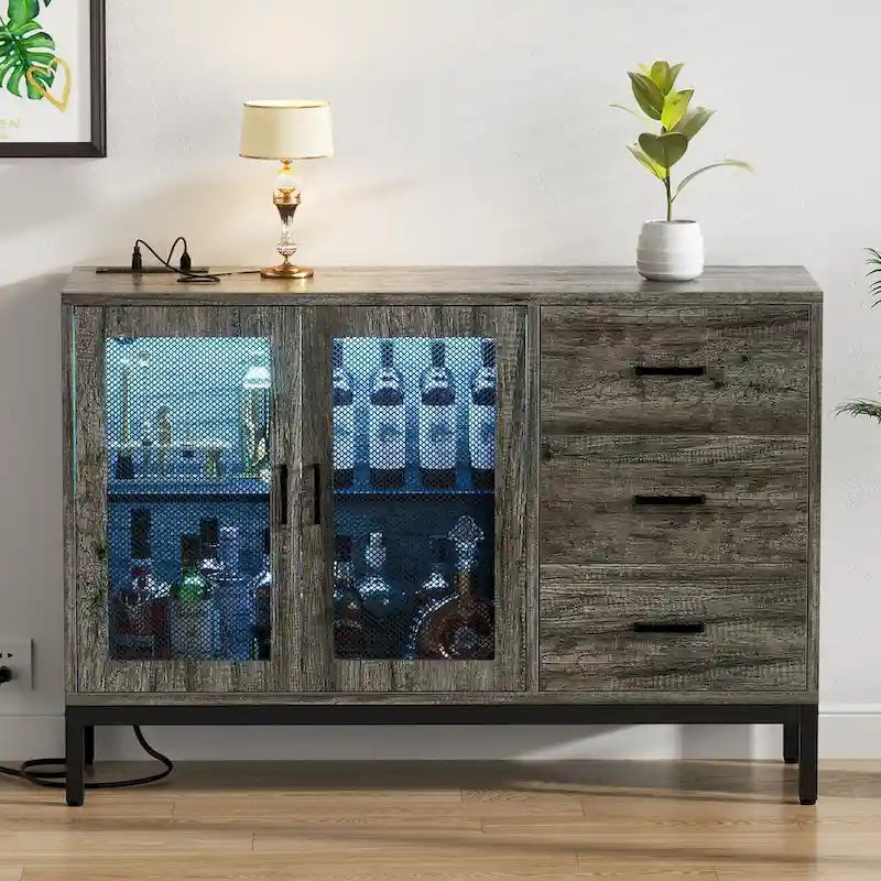 Sideboard Buffet Wood Storage Accent Bar Cabinet with Charge Station and LED Lights - 45.27  W