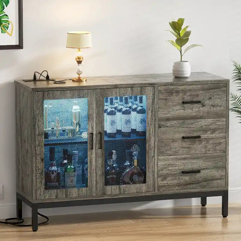 Sideboard Buffet Wood Storage Accent Bar Cabinet with Charge Station and LED Lights - 45.27  W