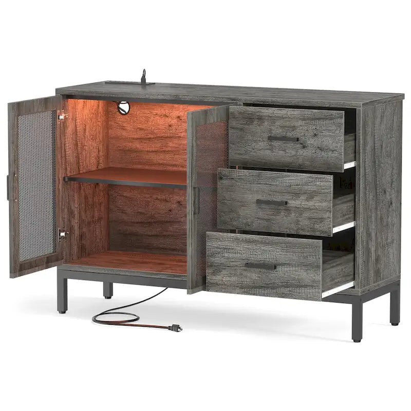 Sideboard Buffet Wood Storage Accent Bar Cabinet with Charge Station and LED Lights - 45.27  W