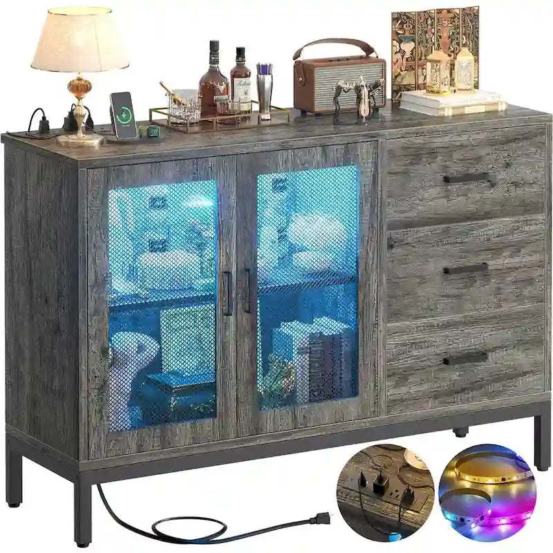 Sideboard Buffet Wood Storage Accent Bar Cabinet with Charge Station and LED Lights - 45.27  W