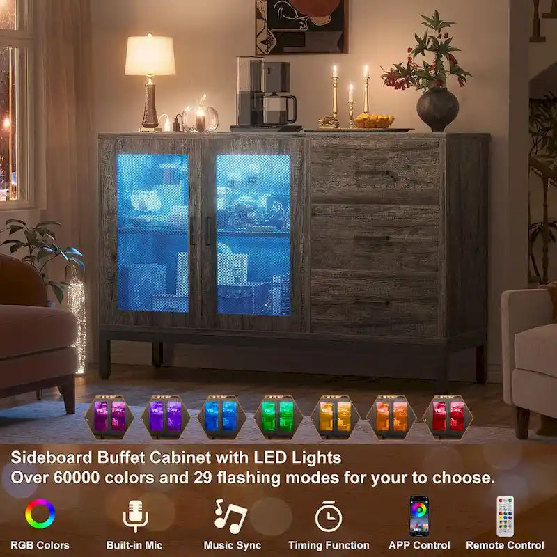 Sideboard Buffet Wood Storage Accent Bar Cabinet with Charge Station and LED Lights - 45.27  W
