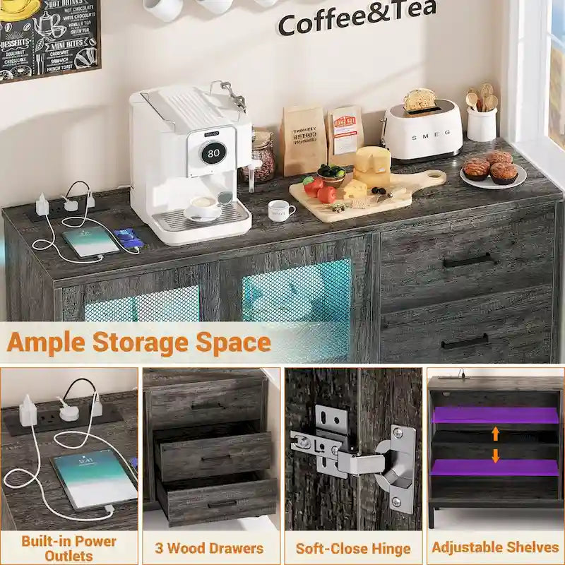 Sideboard Buffet Wood Storage Accent Bar Cabinet with Charge Station and LED Lights - 45.27  W