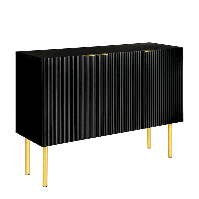 A sideboard with gold metal legs, handles, and adjustable shelves.