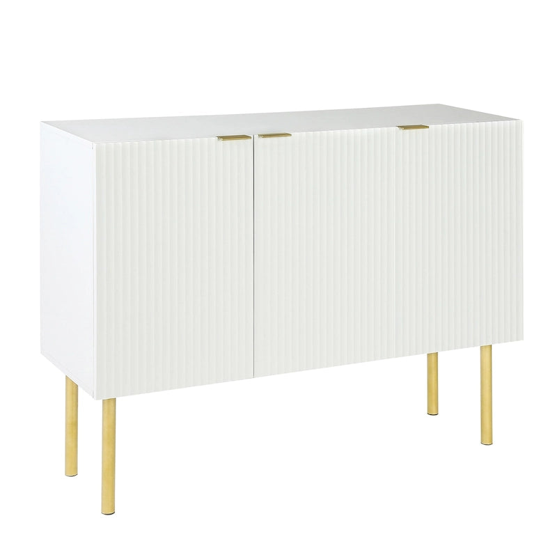 A sideboard with gold metal legs, handles, and adjustable shelves.
