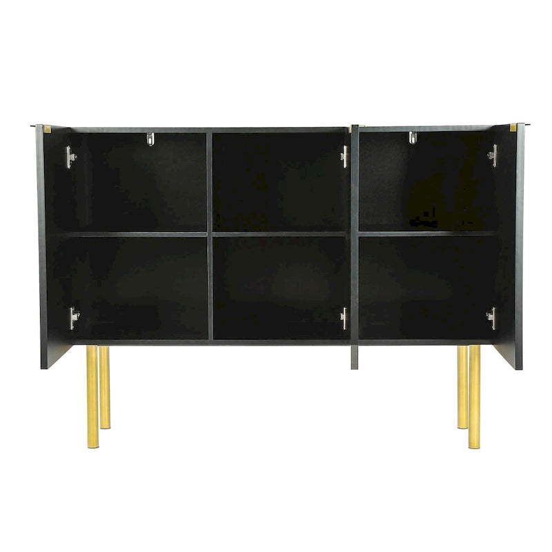 A sideboard with gold metal legs, handles, and adjustable shelves.