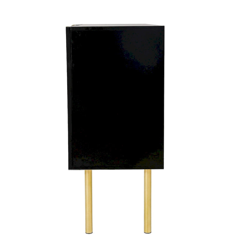 A sideboard with gold metal legs, handles, and adjustable shelves.