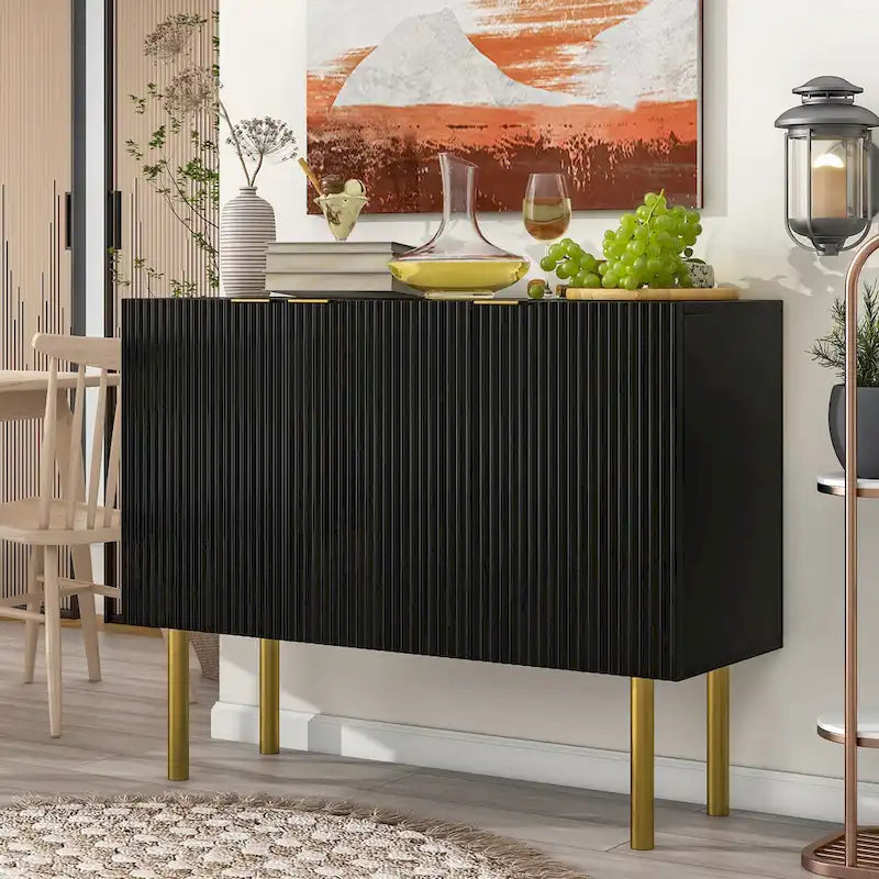 A sideboard with gold metal legs, handles, and adjustable shelves.