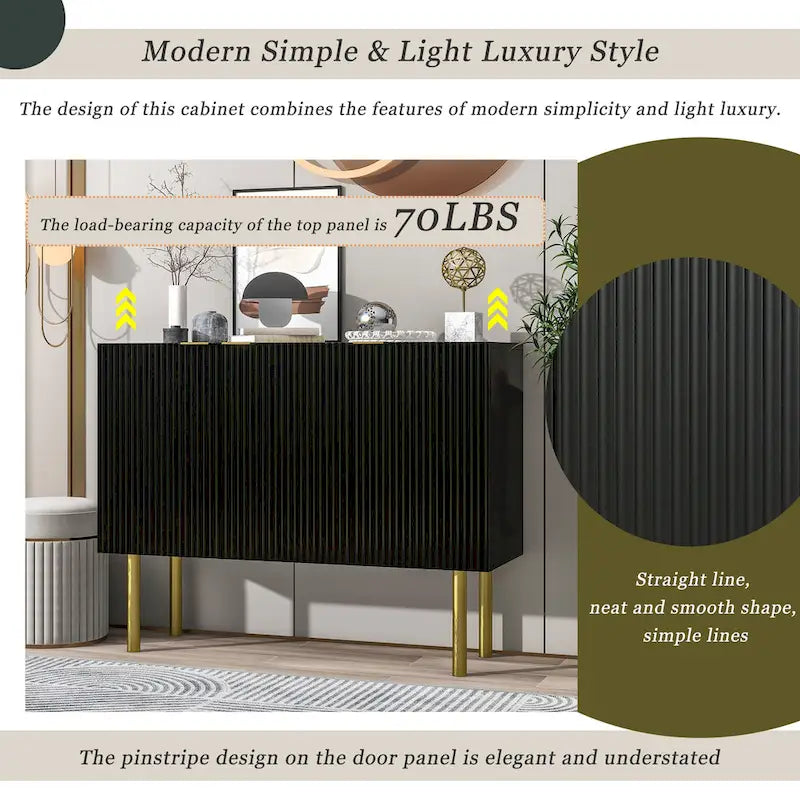 A sideboard with gold metal legs, handles, and adjustable shelves.