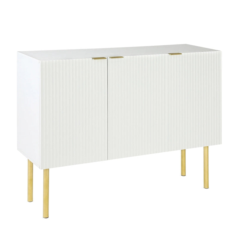 A sideboard with gold metal legs, handles, and adjustable shelves.