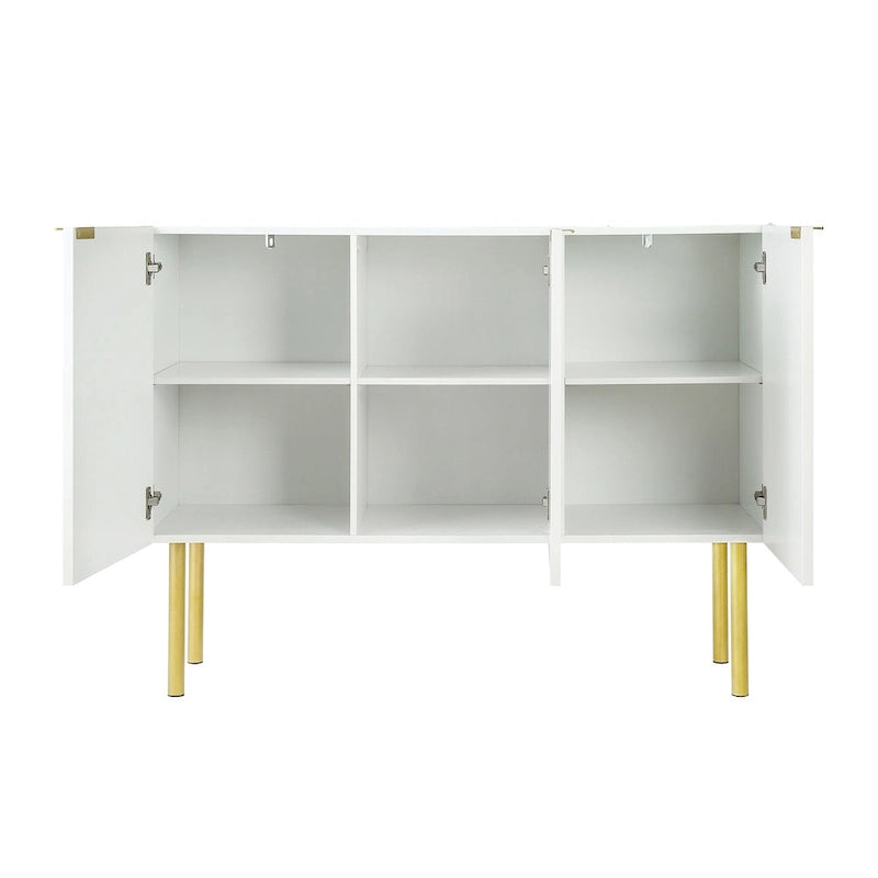 A sideboard with gold metal legs, handles, and adjustable shelves.