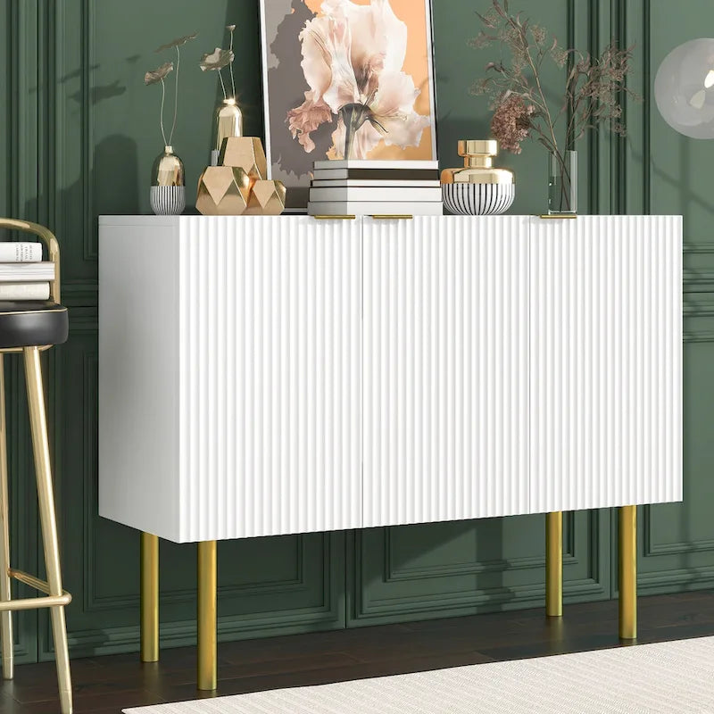 A sideboard with gold metal legs, handles, and adjustable shelves.