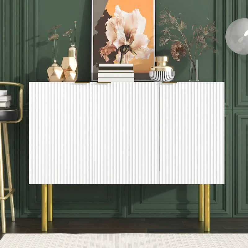 A sideboard with gold metal legs, handles, and adjustable shelves.